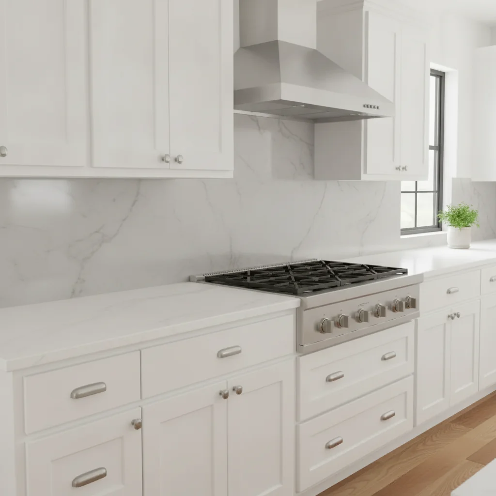 Same kitchen with full-height grey marble slab backsplash, white veining visible