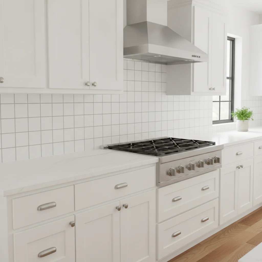 Kitchen with plain white ceramic tile backsplash and white shaker cabinets