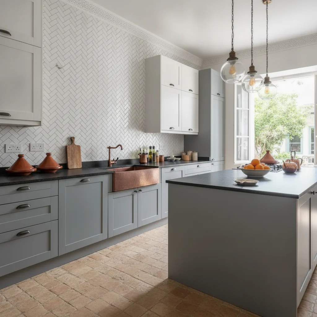 Same kitchen with white herringbone tile backsplash and light grey grout
