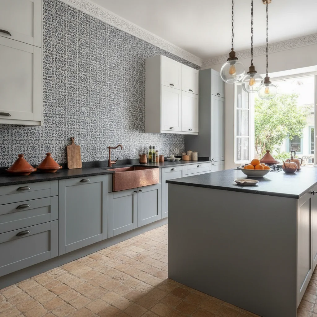 Kitchen with blue and white Moroccan-style patterned tile backsplash