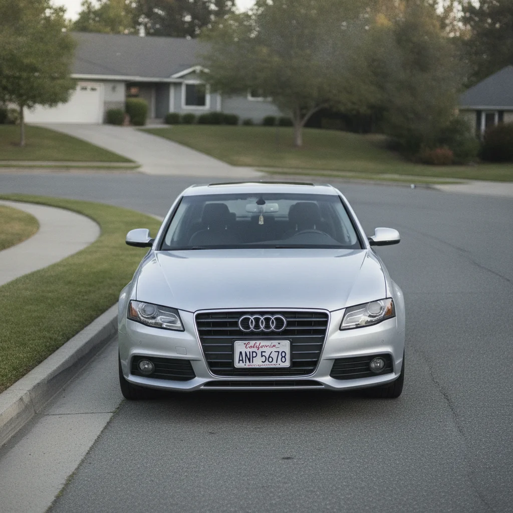 Silver sedan on residential street with clearly visible front license plate