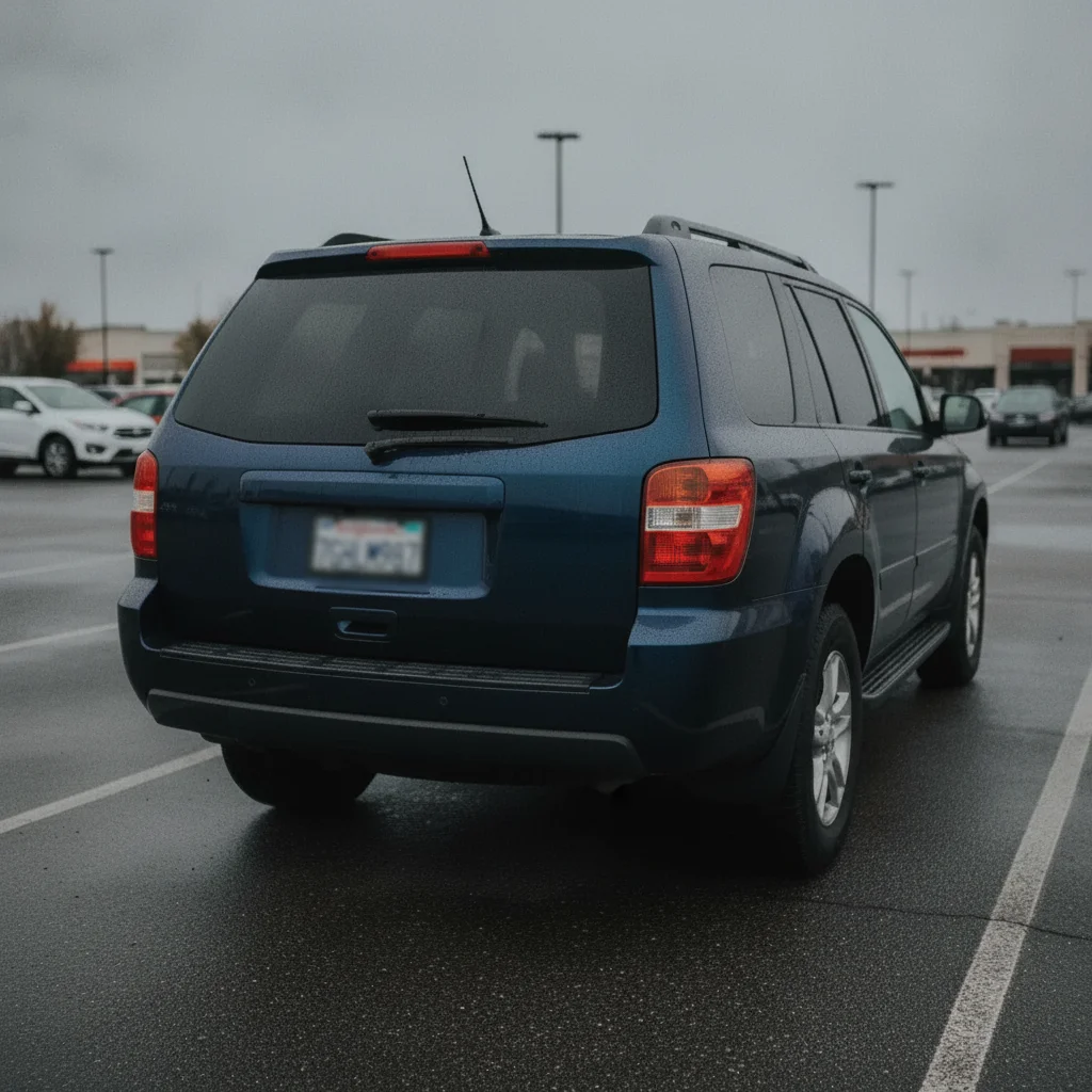 Same SUV with license plate blurred into an unreadable smear, bumper and car unchanged