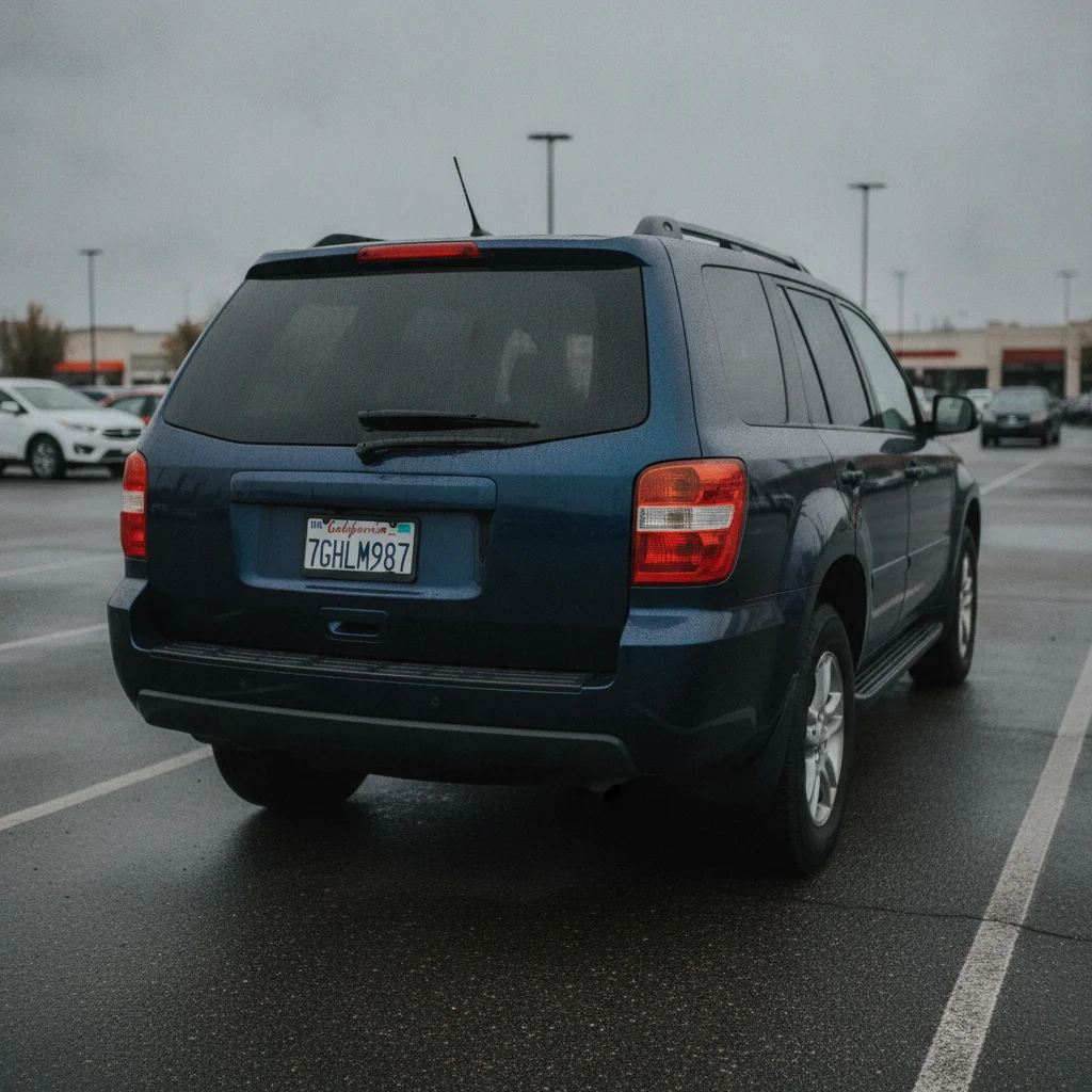 Dark blue SUV in parking lot with readable rear license plate