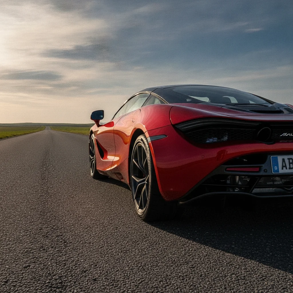 Red sports car on road with license plate visible on rear bumper