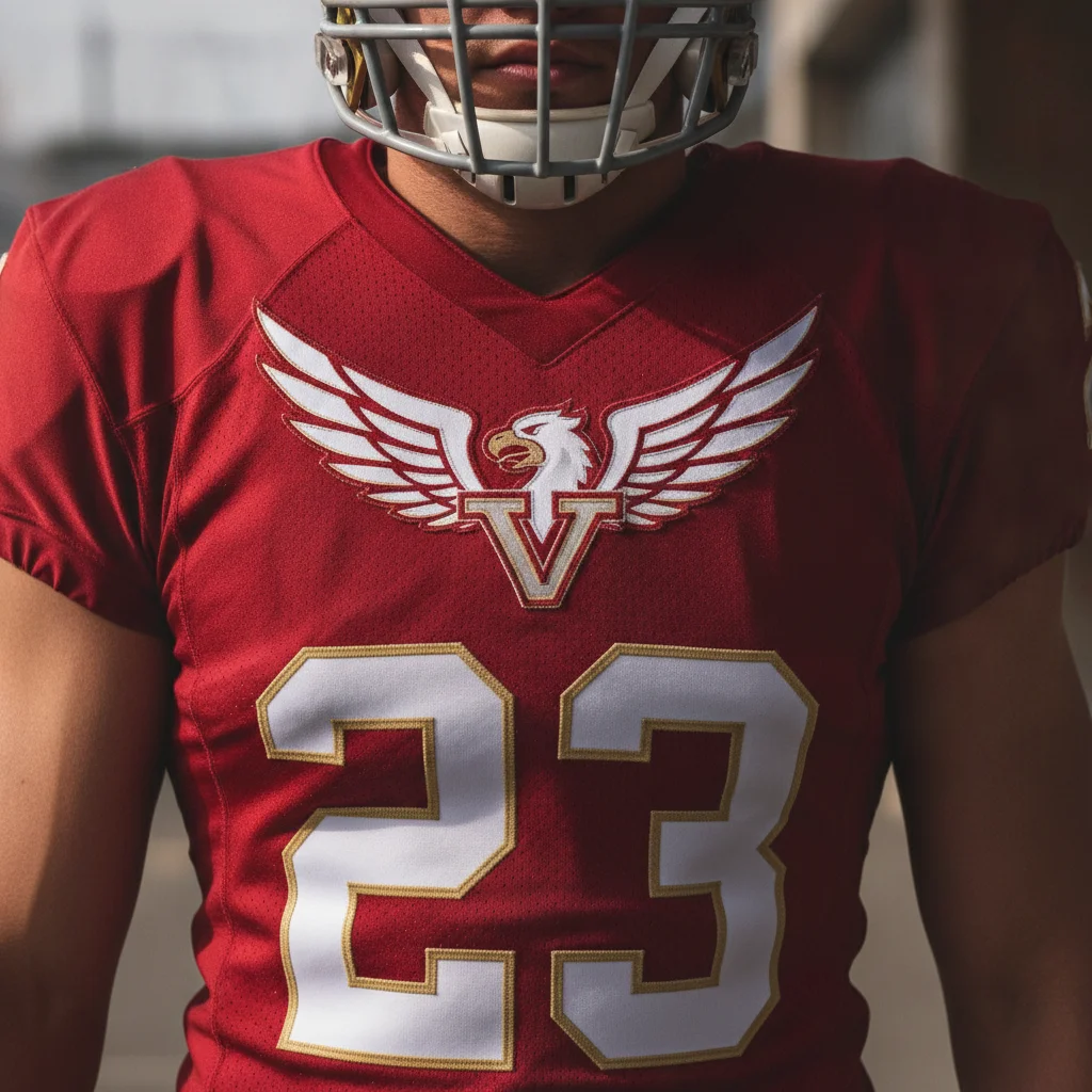 Red jersey with existing team logo on chest and jersey number below