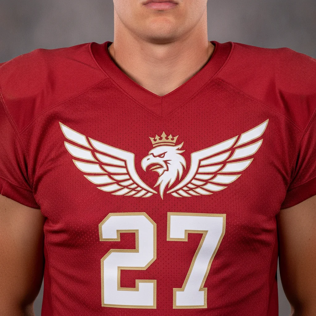 Red jersey with existing team logo on chest and jersey number below