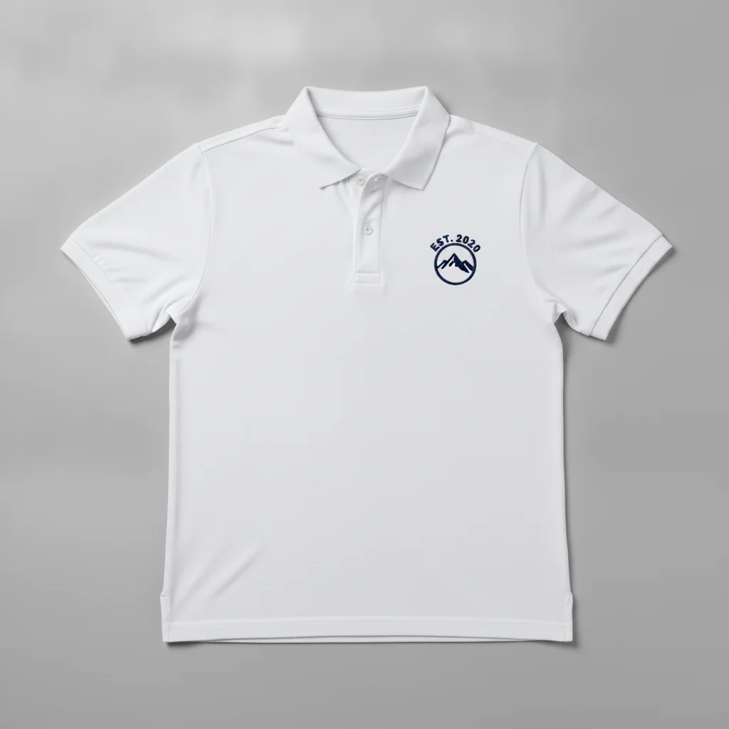Same polo with a navy embroidered circular seal logo added to the left chest