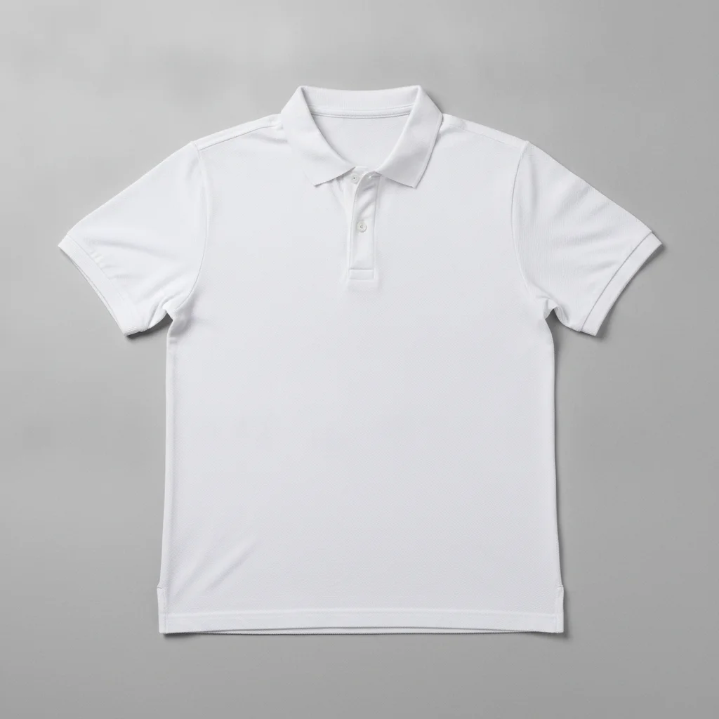 Plain white polo shirt with no logo, flat-lay on grey background