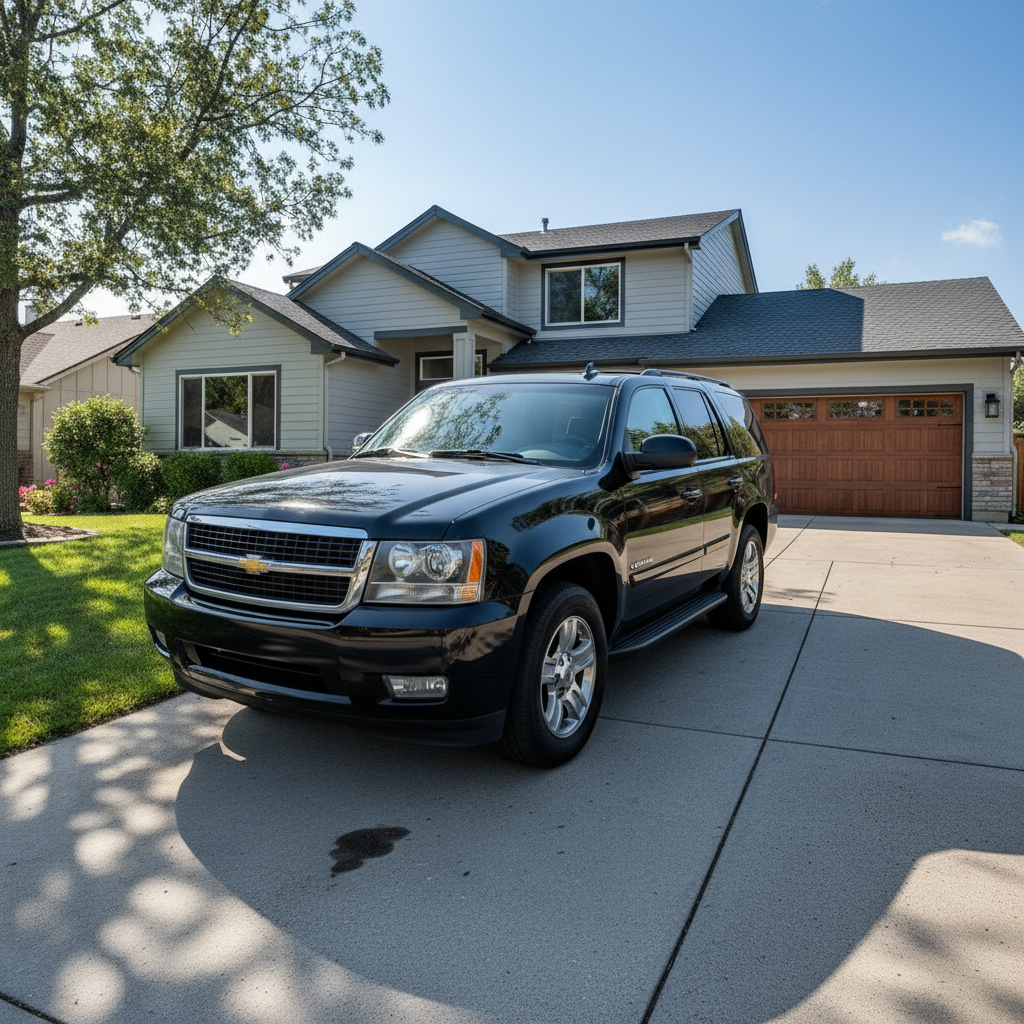 Same house with black SUV in driveway