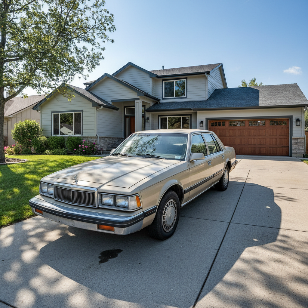 House with old beige sedan in driveway