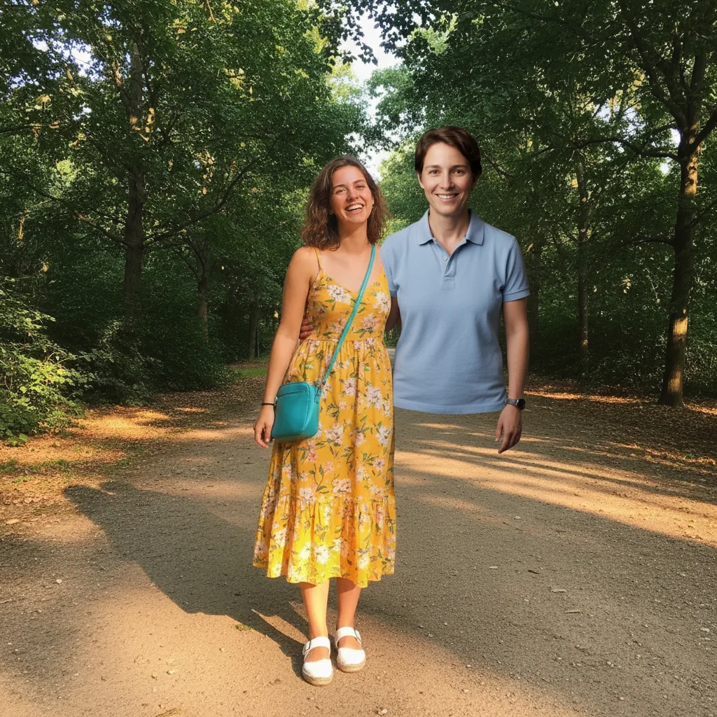 Same park scene with the right person replaced from the reference photo