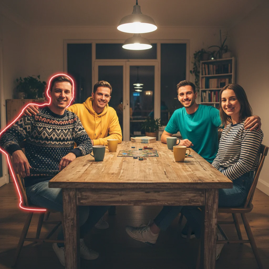 Four friends at a table with the leftmost person to be replaced