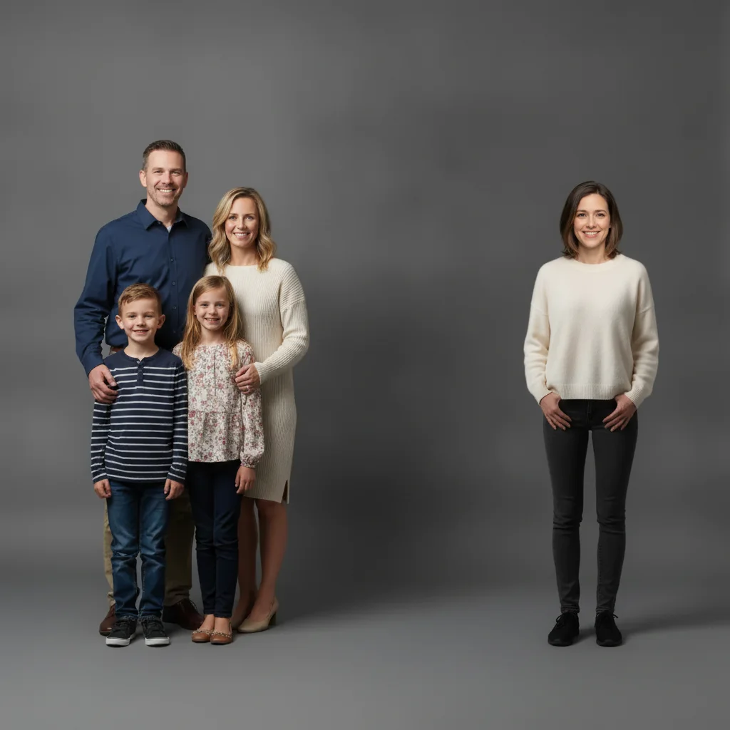 Same family portrait with the person at the far right swapped in from the reference photo
