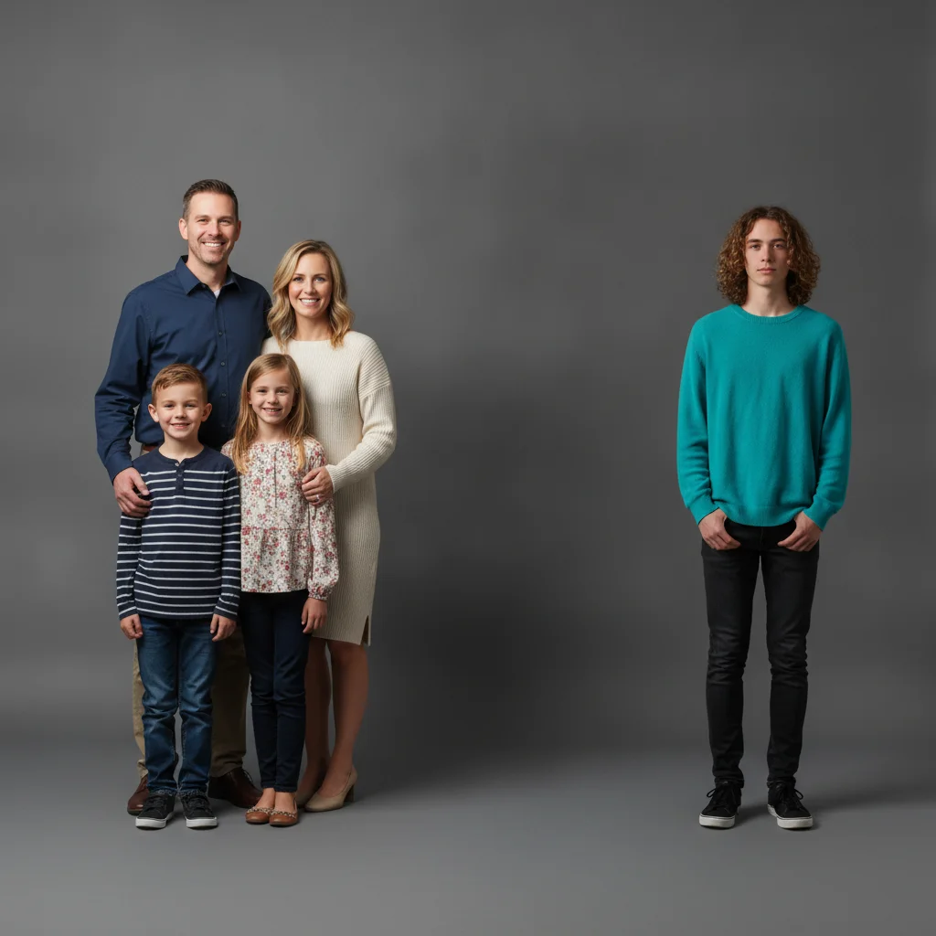 Family of five in a studio portrait, with the person at the far right in a teal sweater to be replaced