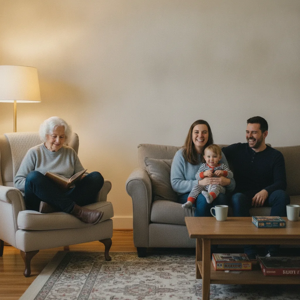 Same living-room photo with the person in the armchair swapped in from the reference photo