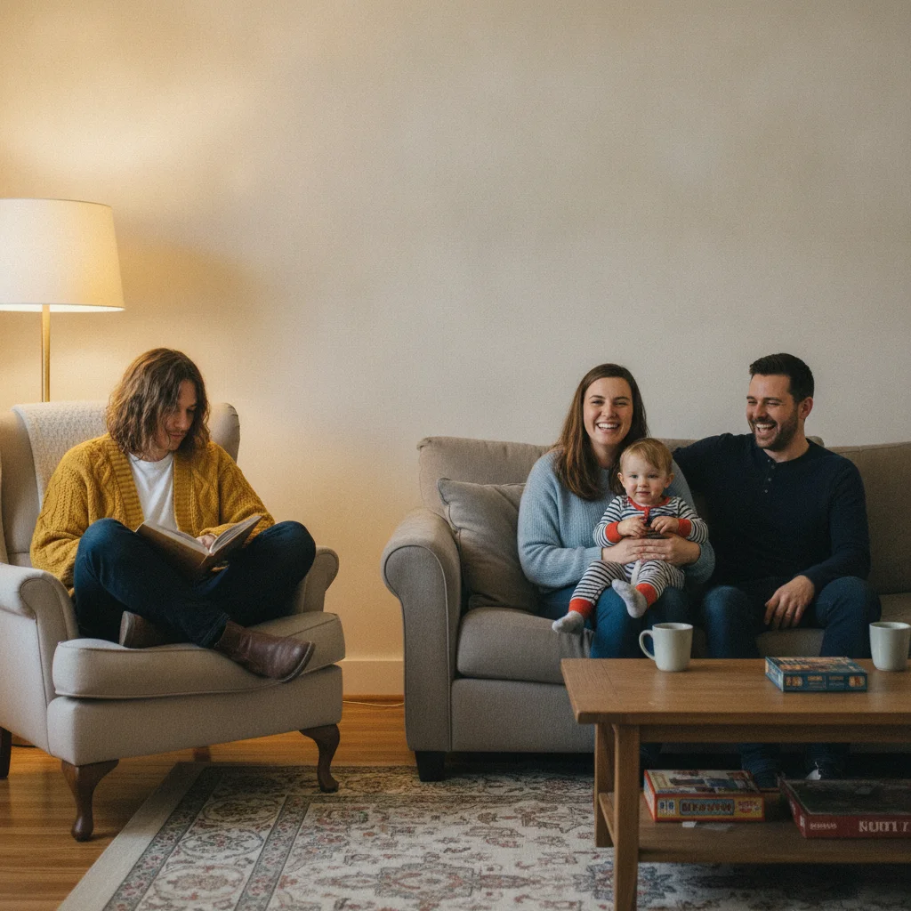 Family seated in a living room, with the person in the left armchair in a mustard cardigan to be replaced