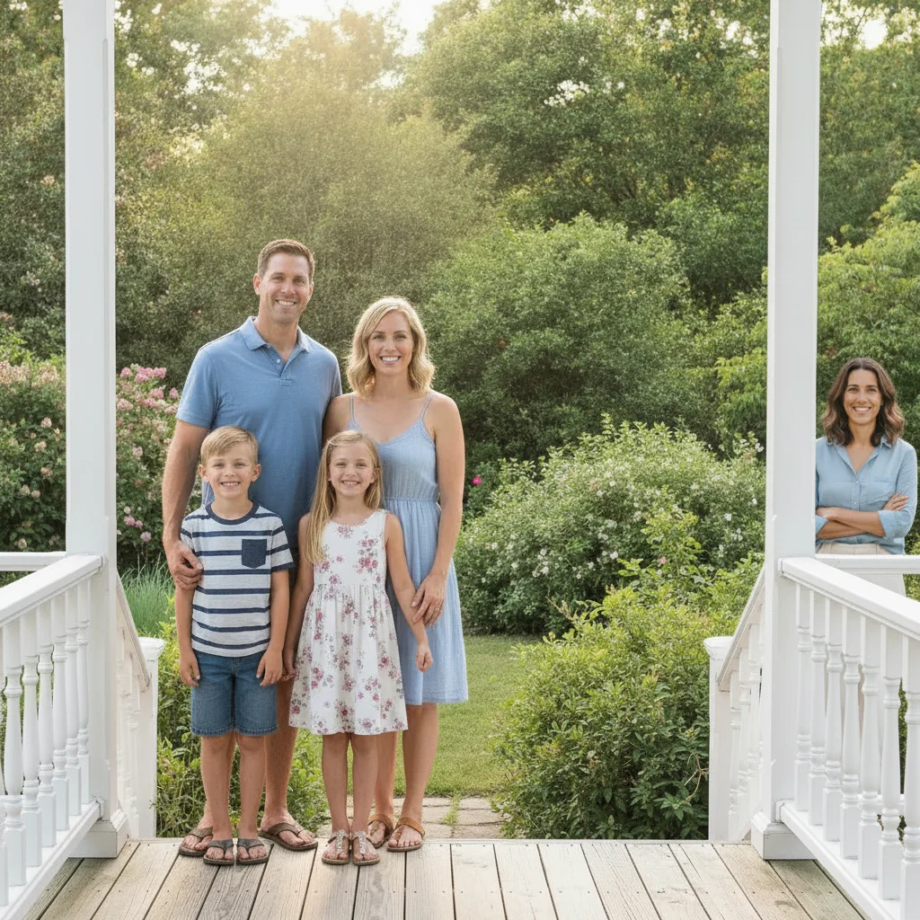 Same porch photo with the person at the far right swapped in from the reference photo