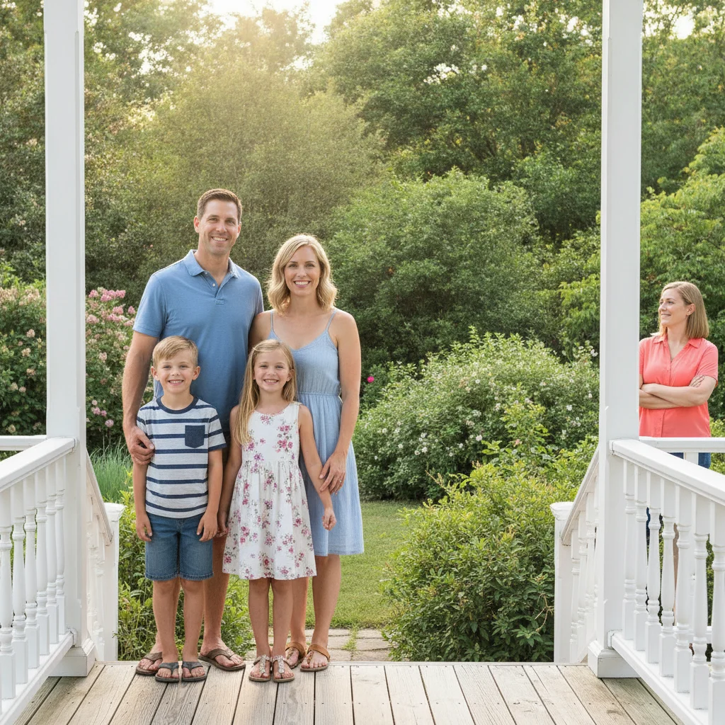 Family of four on a porch, with the person at the far right in a coral shirt to be replaced