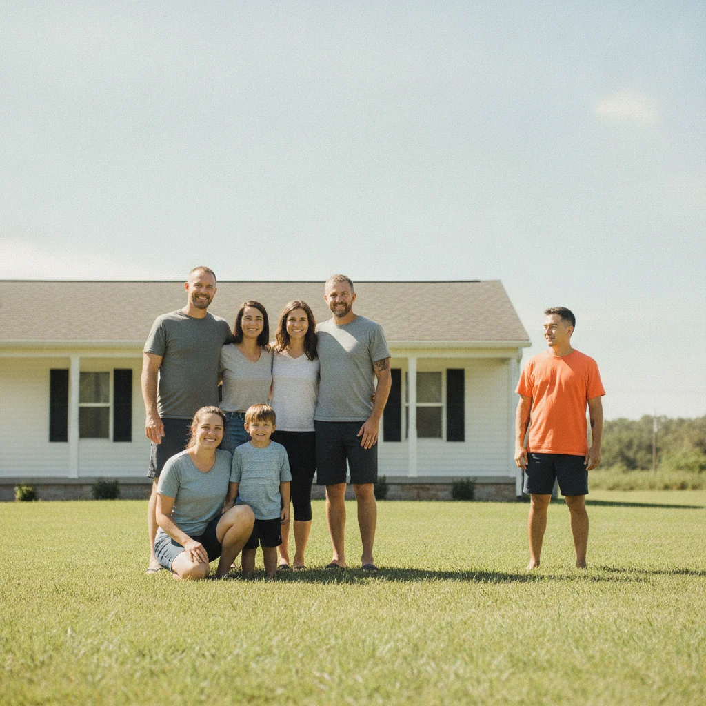 Six people at a family reunion on a lawn, with the person at the far right in a bright orange shirt to be replaced