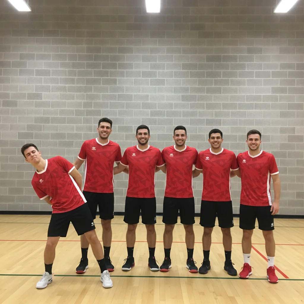 Sports team lined up in red jerseys, with the leftmost athlete mid-blink and slouching