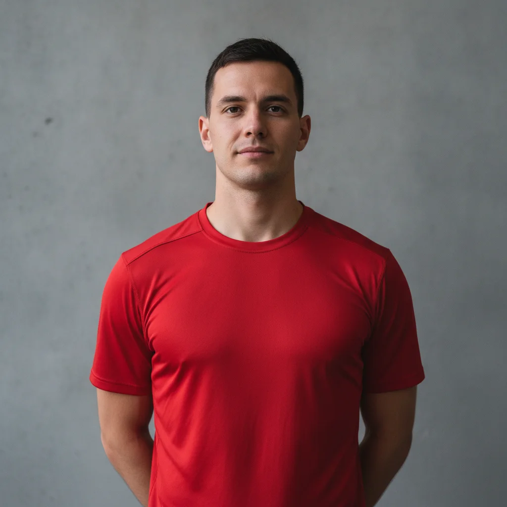 Reference photo of the athlete standing tall in the same red jersey