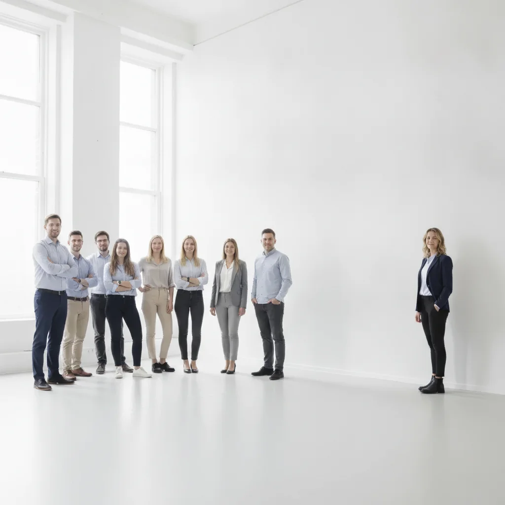 Same office photo with the coworker at the far right swapped in from the reference photo