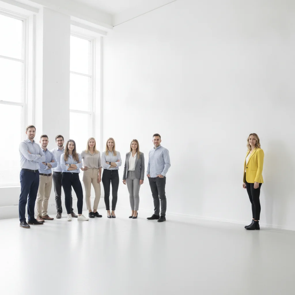 Eight coworkers in an office, with the person at the far right in a bright yellow blazer to be replaced