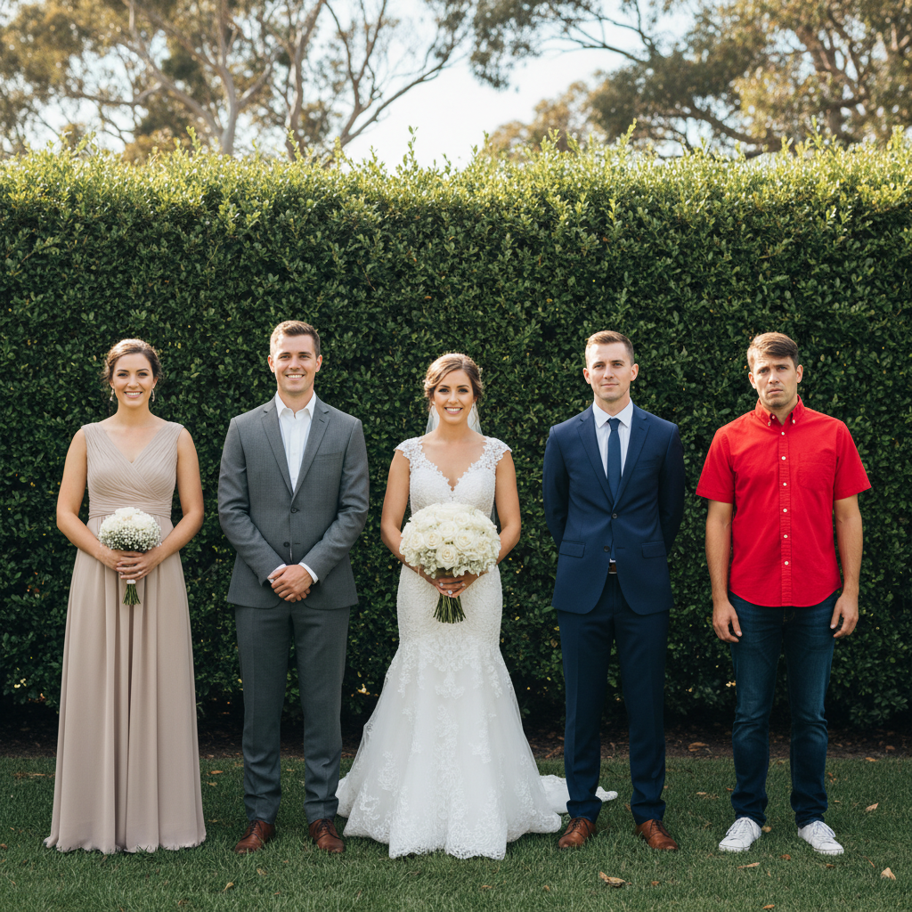 Wedding party with person in red on the right