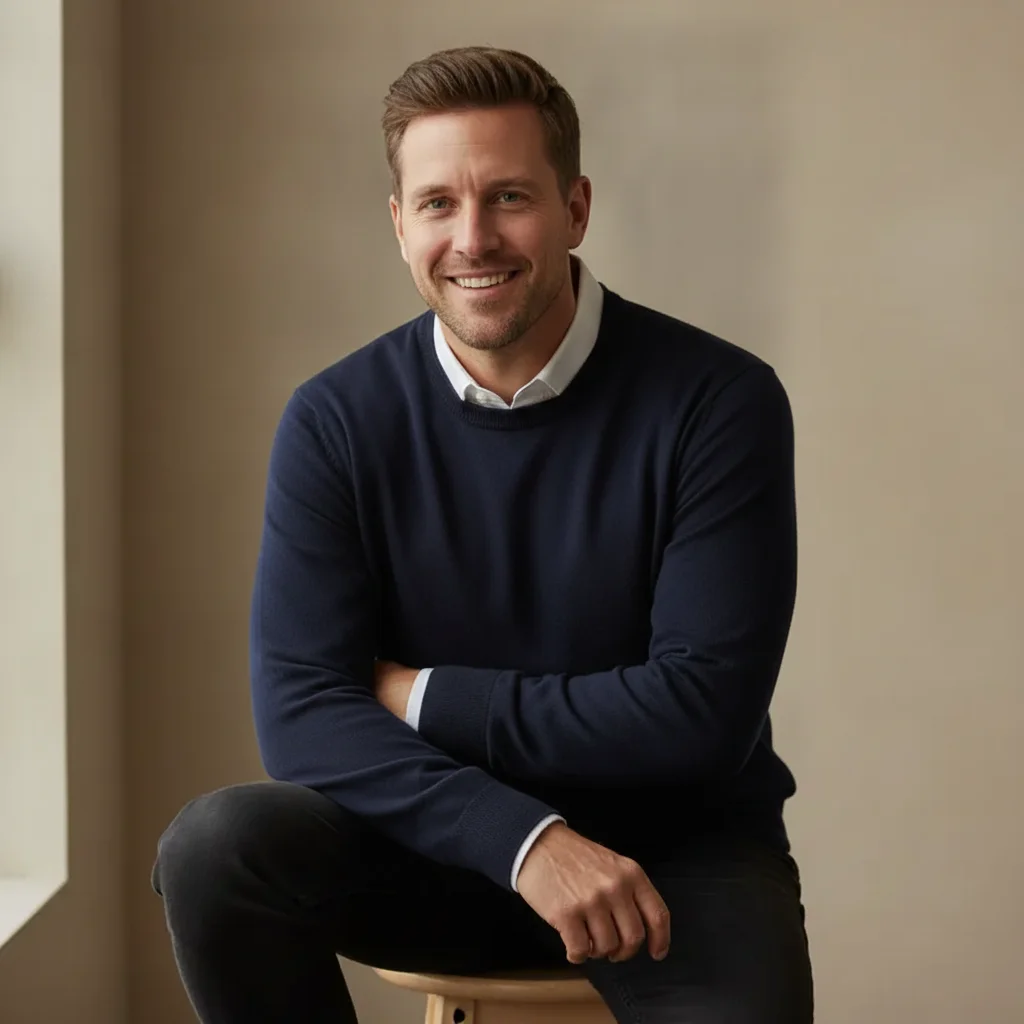 Same man in the same pose now wearing a navy blue crew-neck sweater over a white collared shirt