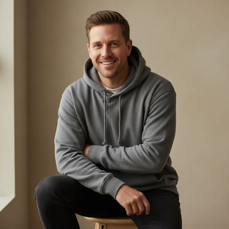 Man sitting on a stool with arms crossed, wearing a gray hooded sweatshirt against a beige wall