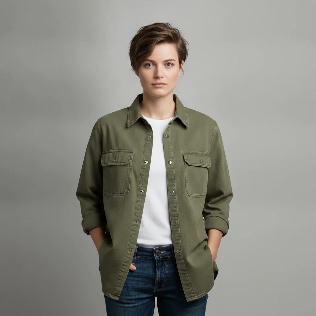 The same woman with an olive utility overshirt worn open over the white tee, sleeves rolled, jeans and pose unchanged