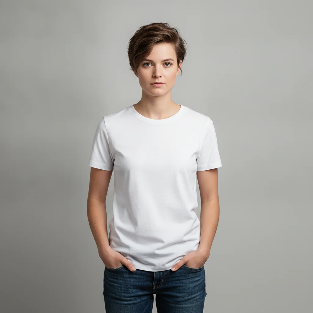 Woman in a plain white crew-neck t-shirt and jeans against a grey backdrop