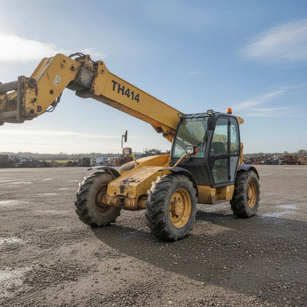 The same telehandler on the gravel lot under a clear blue sky, with the portable toilet, pallets and worker no longer in the frame