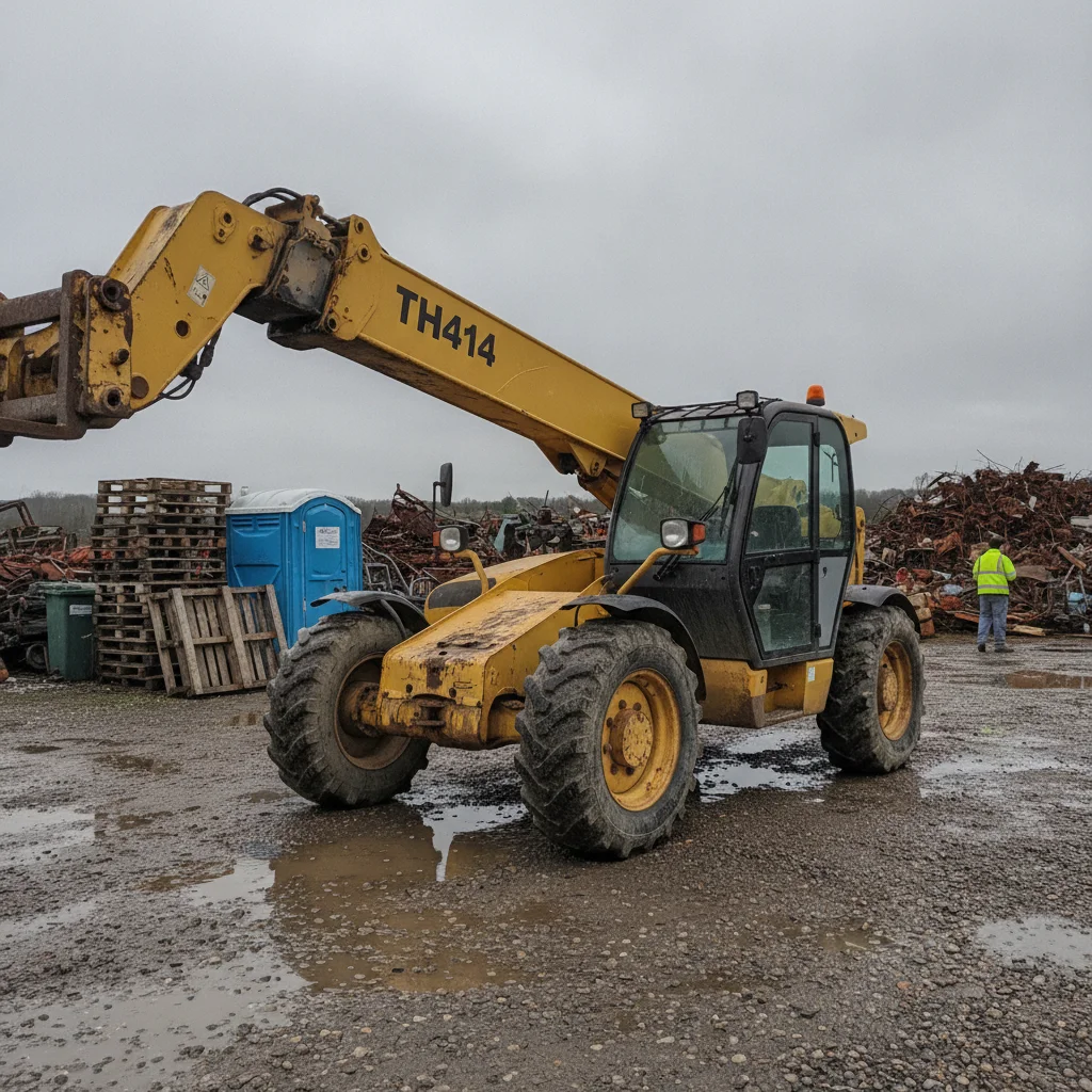 Yellow telescopic handler with the boom raised on a wet gravel lot under a flat grey overcast sky, with a blue portable toilet, stacked pallets and a worker in a hi-vis vest behind it