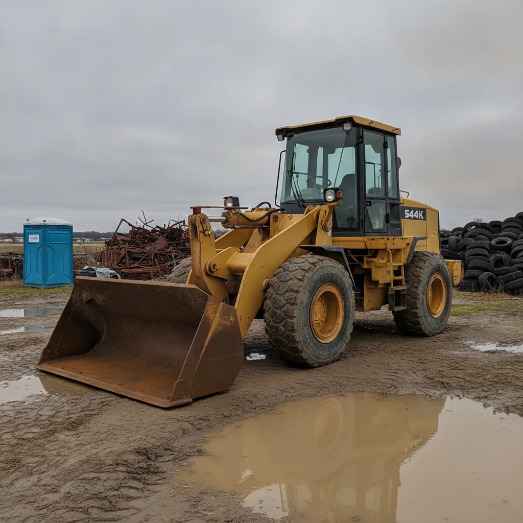 Yellow wheel loader on a muddy lot under a grey sky with a blue portable toilet, a scrap metal pile and a stack of old tyres behind it