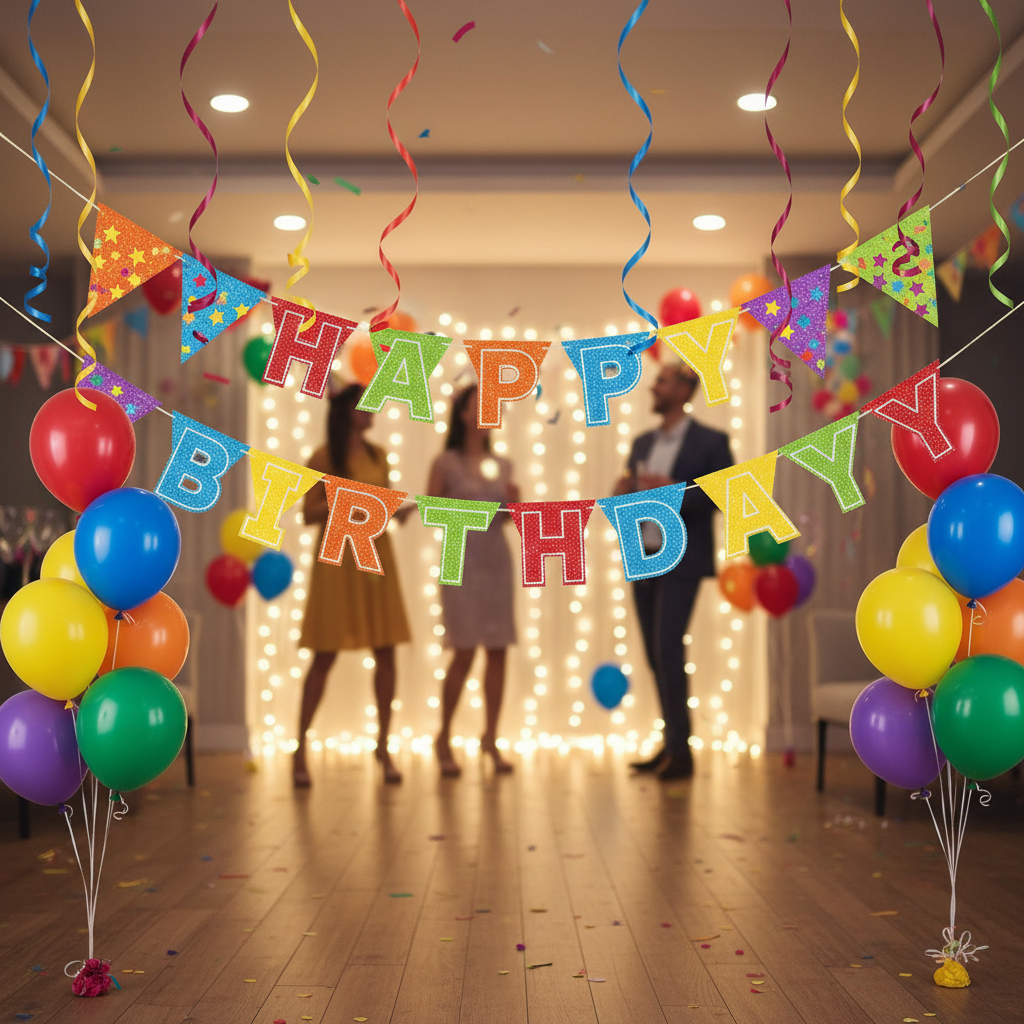 Party banner reading Happy Birthday