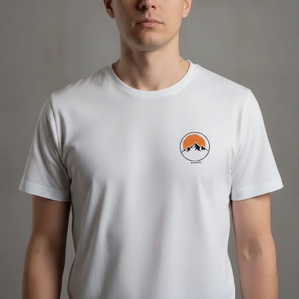 Same person with a new custom design mapped onto the shirt, following fabric folds