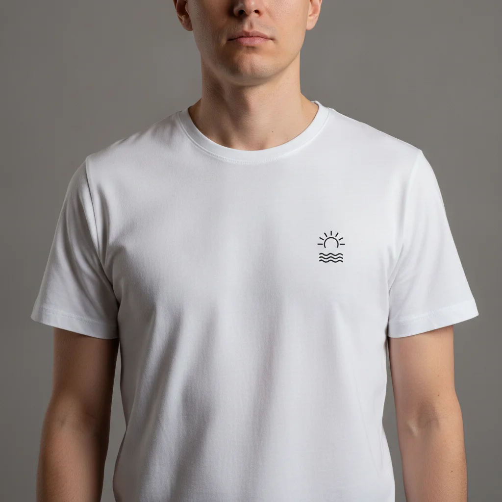 Person in plain white t-shirt with small generic graphic on chest