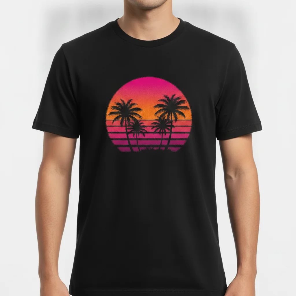 Same shirt with a retro sunset graphic replacing the logo, halftone texture preserved
