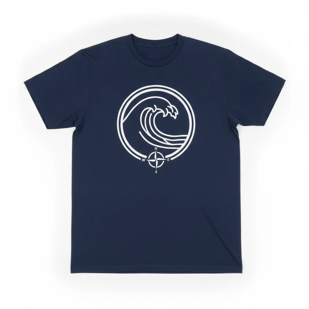 Navy t-shirt flat-lay with bold white printed graphic on chest
