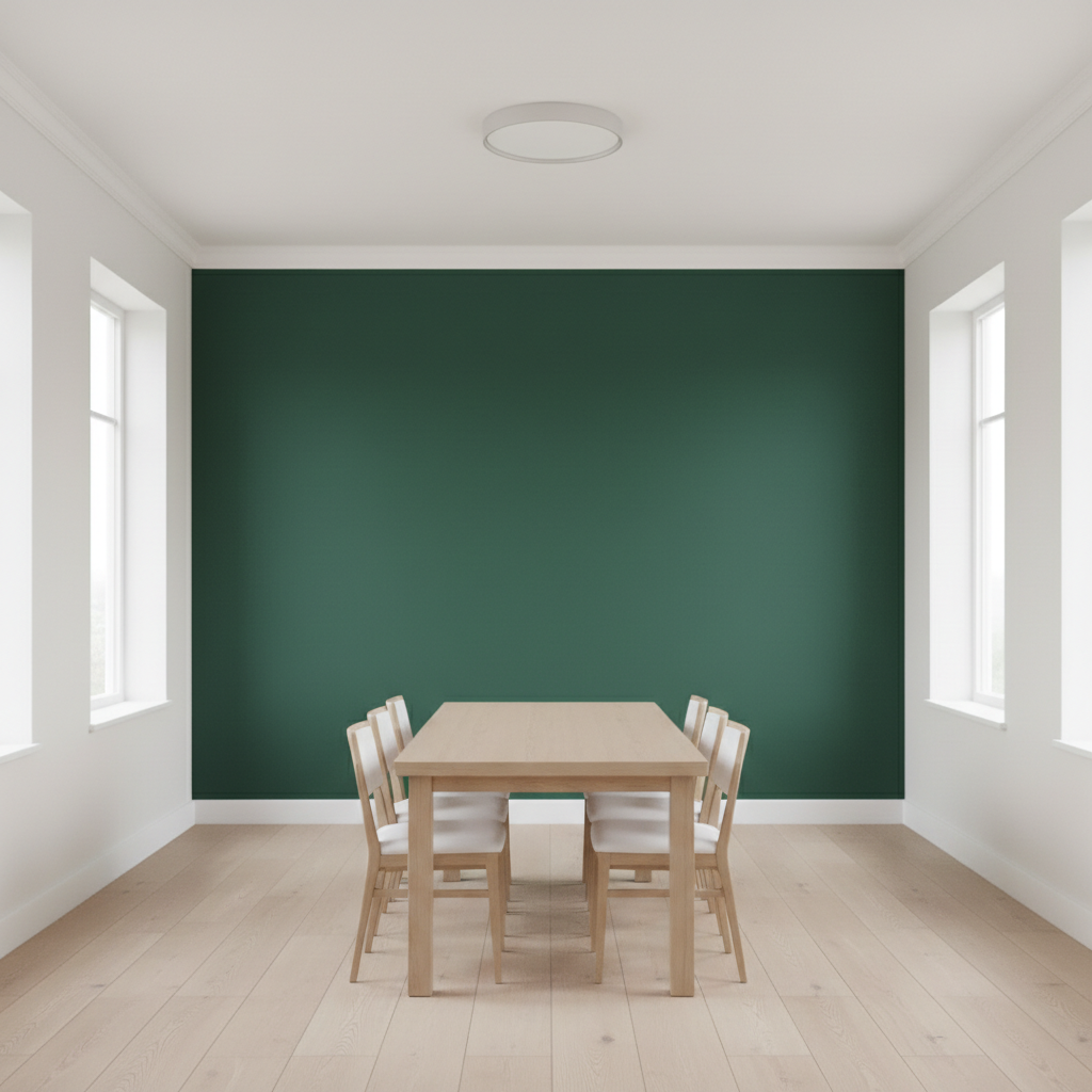 Same dining room with forest green accent wall