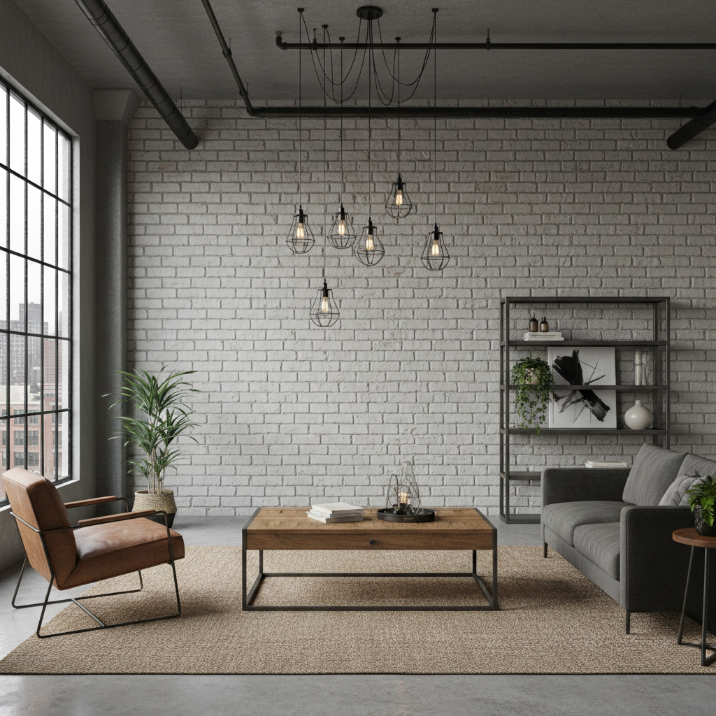 Same loft with exposed white brick wall