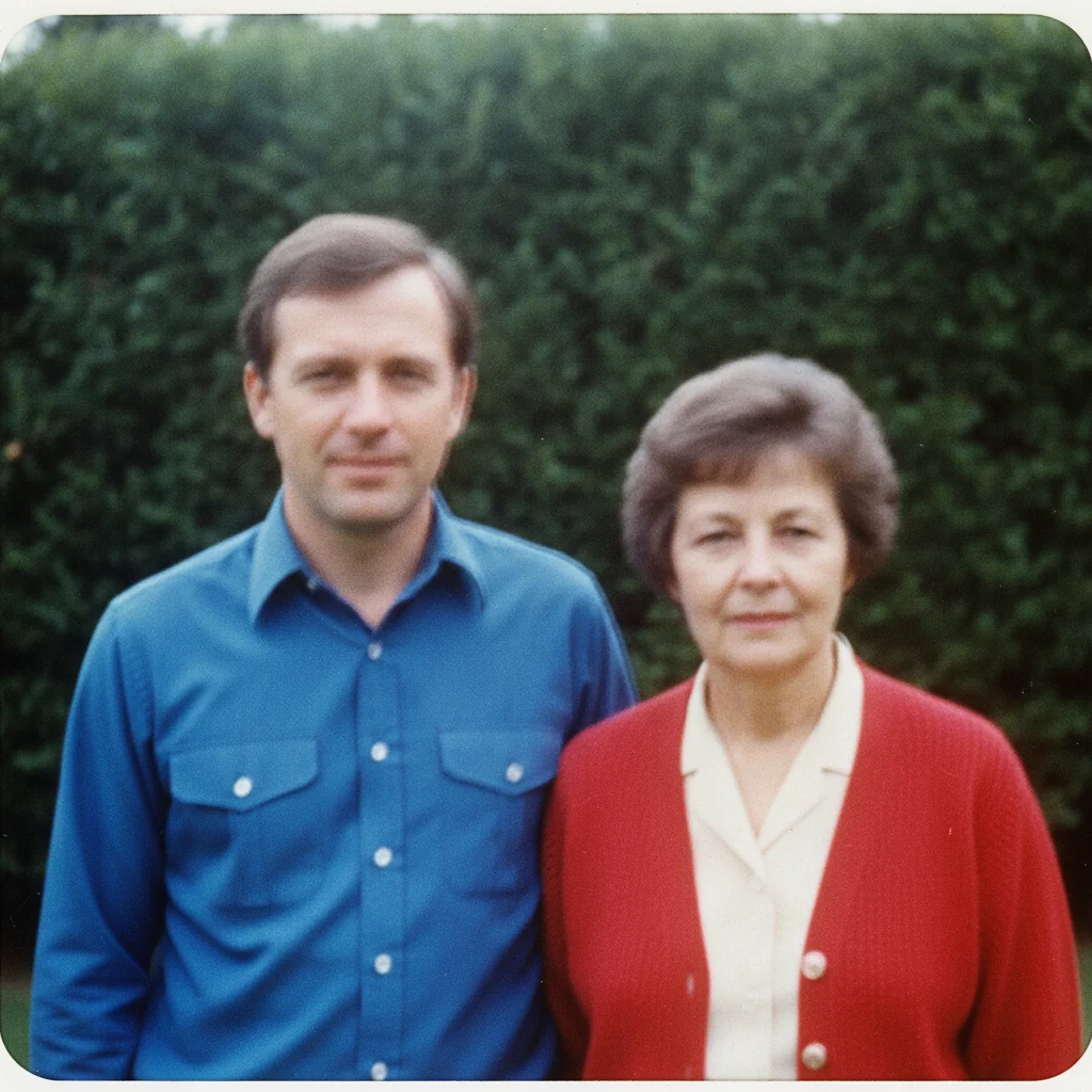 1980s garden print with faint doubled motion blur across both faces