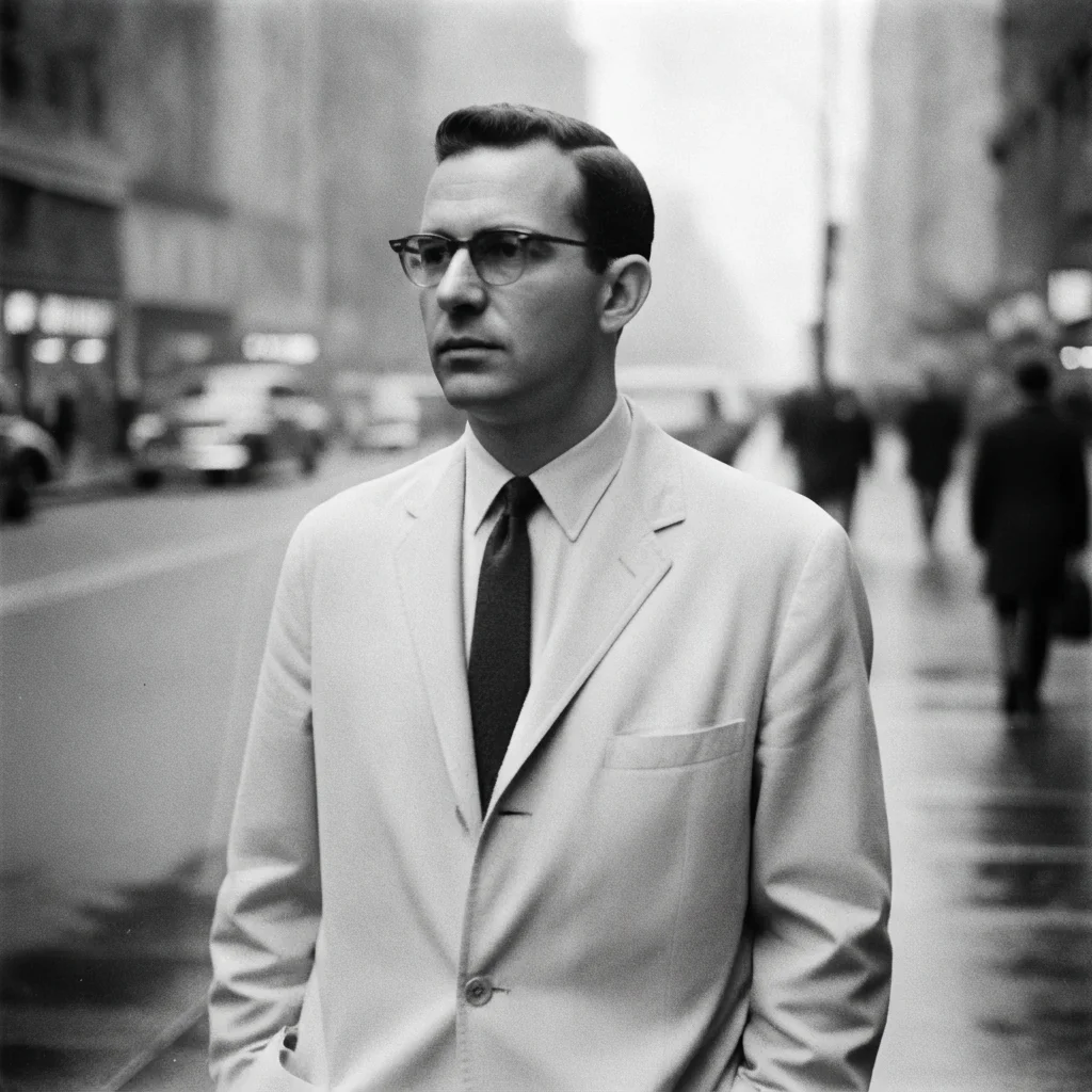 The same print with the motion blur resolved, the man's features sharp and unchanged, still black and white