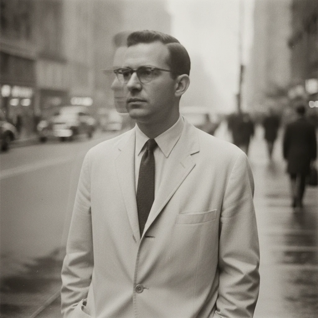 1960s black and white print of a man on a street with faint camera-shake motion blur