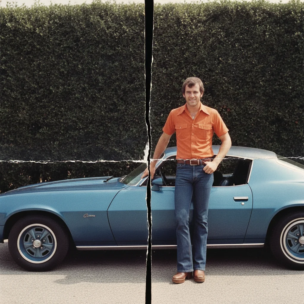 Photograph with a deep cracked white fold line down the centre of the print