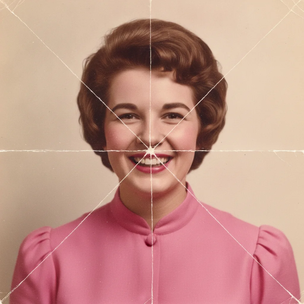 Portrait photograph with a grid of deep wallet creases cracked across the face