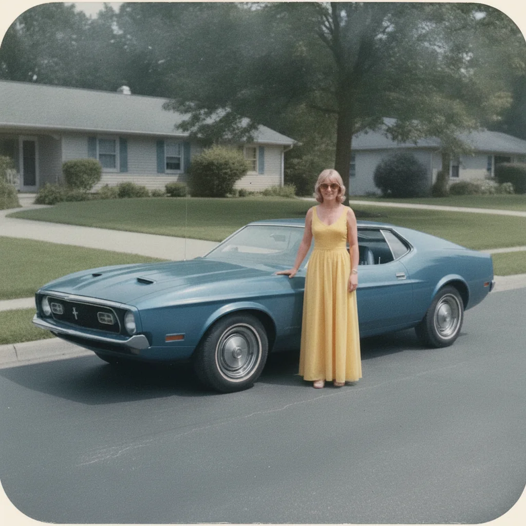 The same print with the magenta cast removed, natural skin, a true yellow dress, and a dark blue car