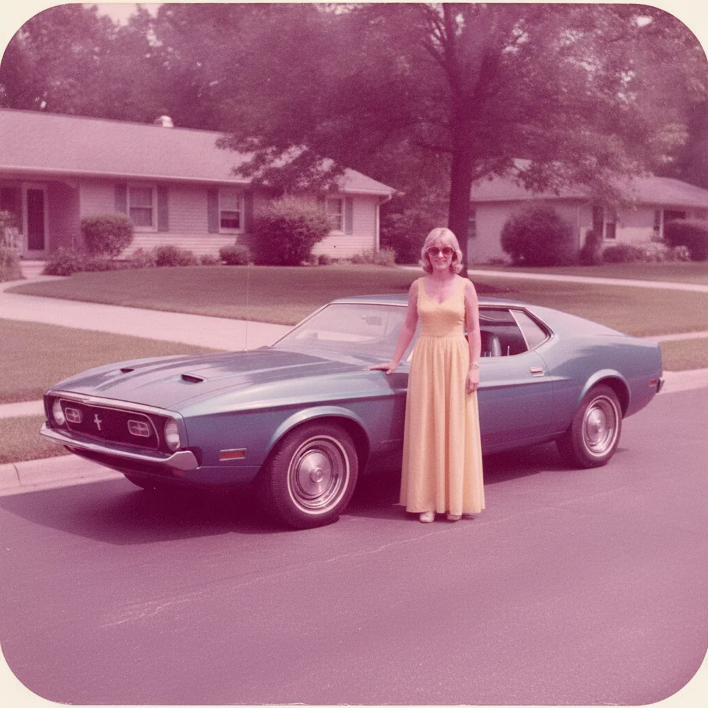 1970s print of a woman in a yellow dress beside a blue car, the whole image shifted magenta-pink