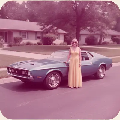 1970s print of a woman in a yellow dress beside a blue car, the whole image shifted magenta-pink